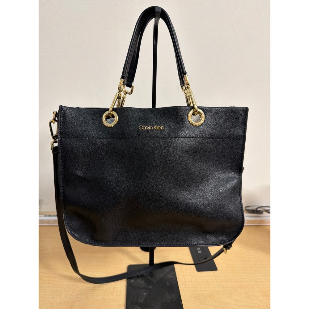Calvin Klein Black Pebbled Leather Tote Bag Gold Hardware Crossbody Satchel